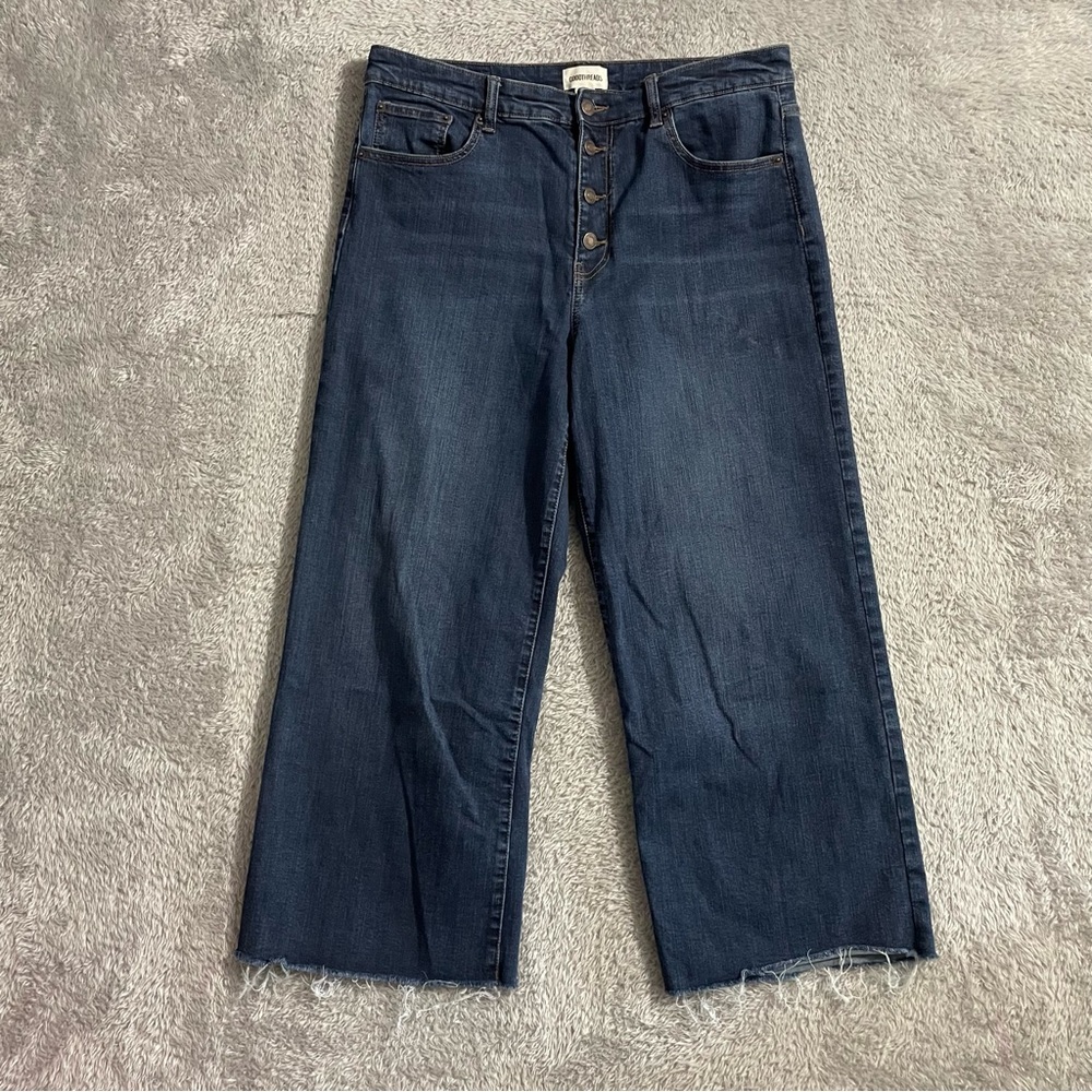Goodthreads Jeans Womens Size 32 Wide Leg Style Dark Wash Button Fly Raw Hems‎